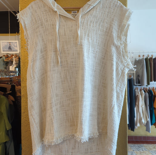 Basic top with V-neck and hood - ecru