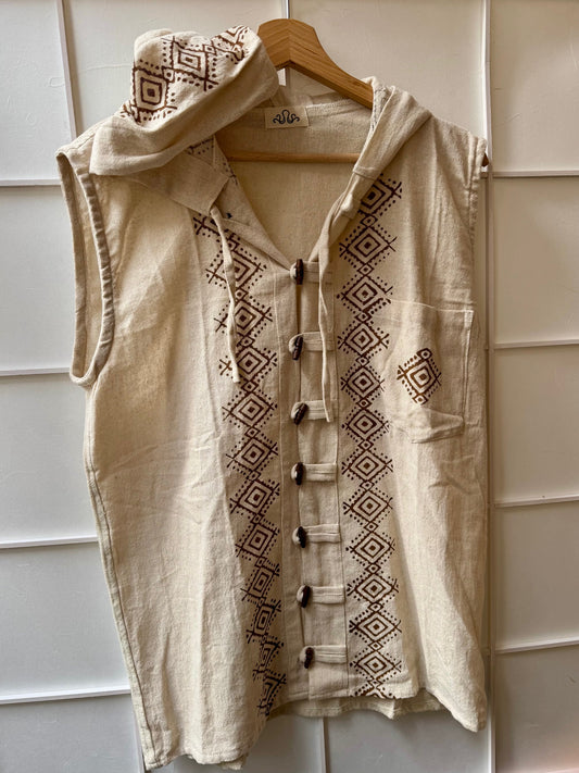 Sleeveless men's tunic with Aztec patterns - ecru