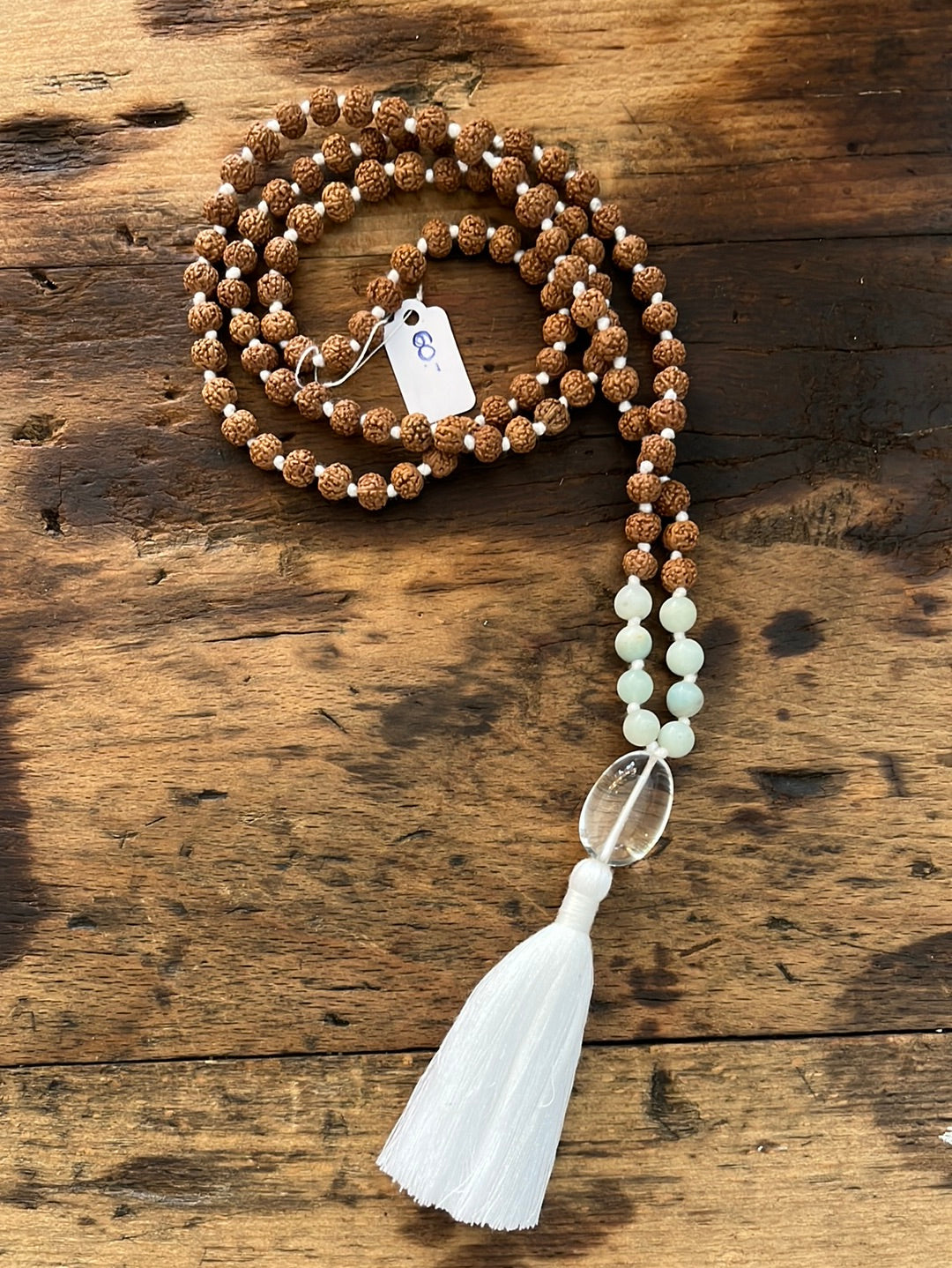 Mâlâ en perles de rudraksha, amazonite et quartz