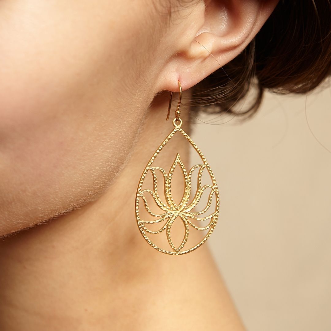 Boucles d'oreilles Goutte d'eau "Fleur de lotus" - Plaqué Or 18 carats