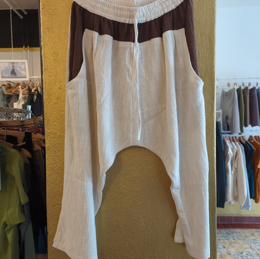Bugla 3/4 raw cotton pants - ecru and brown