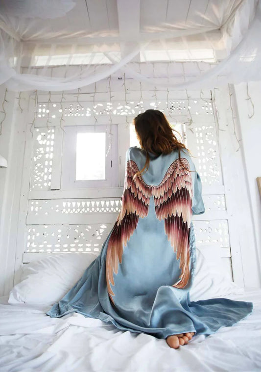 Luxury dressing gown Archange Gabriel Divine Ice Blue Aubergine wings 115cm
