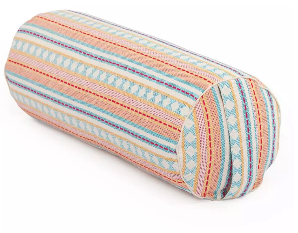 Yoga bolster ETHNO -  rond à motifs & tissus jacquard - bleu clair et abricot