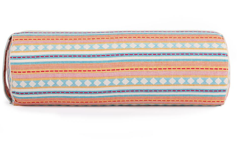 Yoga bolster ETHNO -  rond à motifs & tissus jacquard - bleu clair et abricot