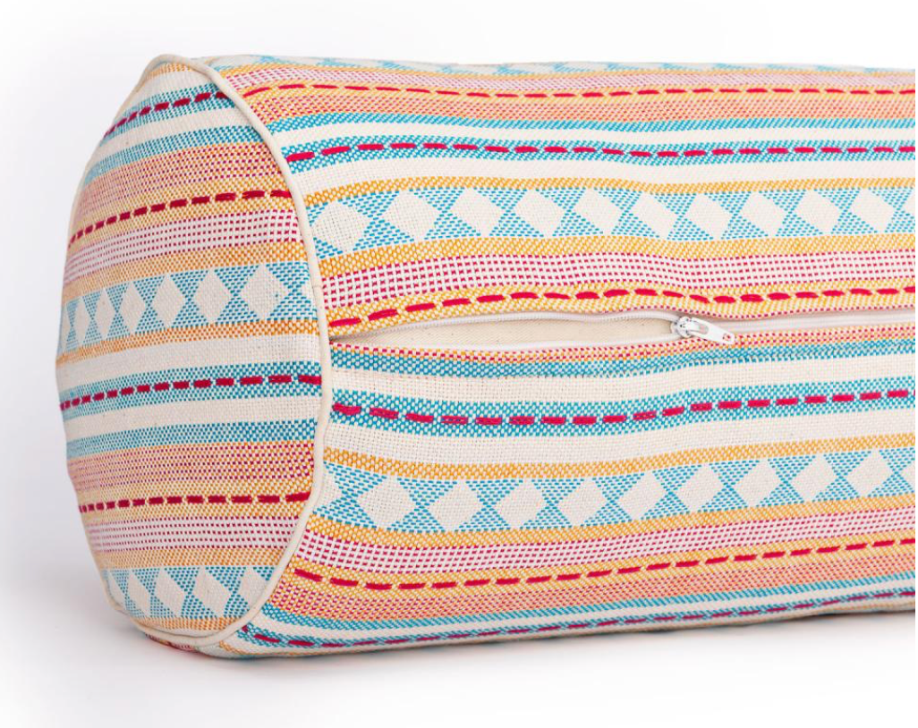 Yoga bolster ETHNO -  rond à motifs & tissus jacquard - bleu clair et abricot