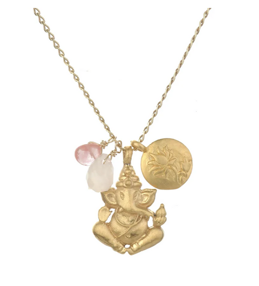 Collier "Rose cherry quartz & Ganesha Lotus" plaqué or 18k