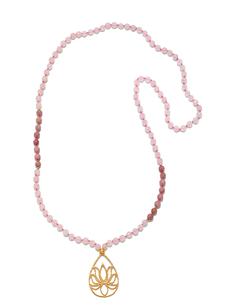 Mala - Collier "Bloom In Love Lotus"- quartz rose & rhodonite - plaqué 18k