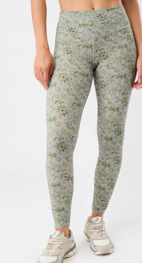 Bedruckte Mandala-Leggings mit hoher Taille und tropischem Blumendruck in Beige-Schwarz-Blau