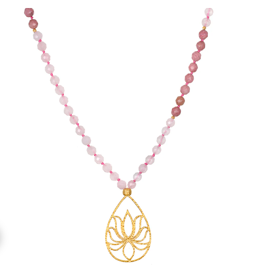 Mala - Collier "Bloom In Love Lotus"- quartz rose & rhodonite - plaqué 18k