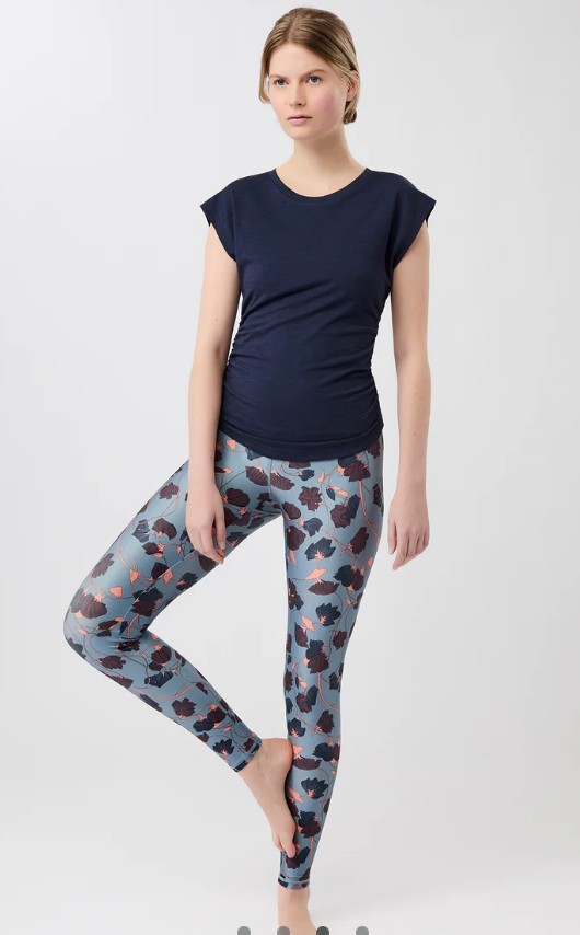 Bedruckte Mandala-Leggings mit hoher Taille und tropischem Blumendruck in Beige-Schwarz-Blau