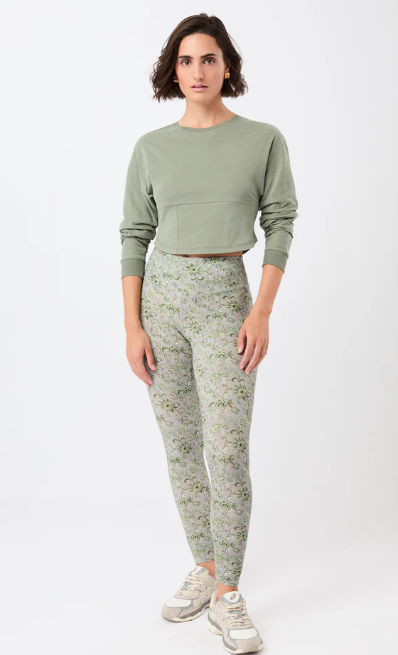 Bedruckte Mandala-Leggings mit hoher Taille und tropischem Blumendruck in Beige-Schwarz-Blau