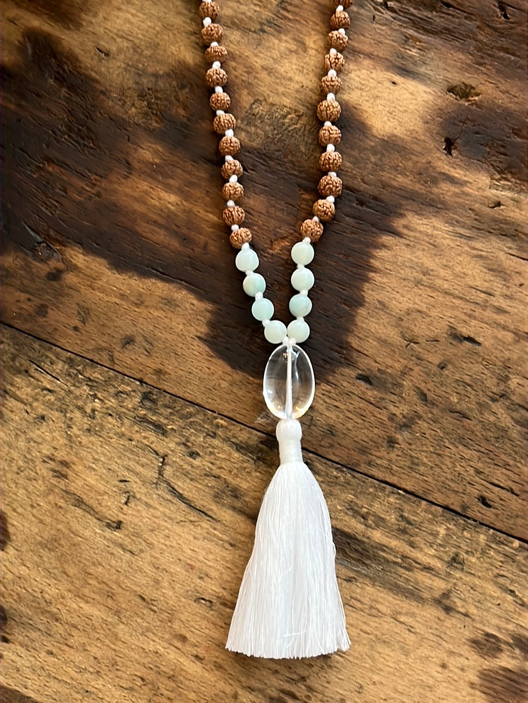 Mâlâ in sandalwood beads, Botswana agate, African turquoise and quartz