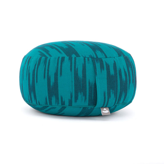 Blue-green Ikat patterned meditation cushion